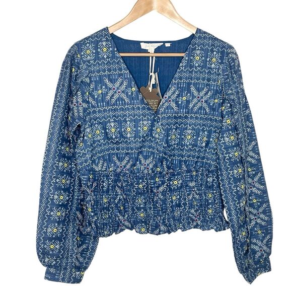 Forever That Girl Anthropologie Top Blue Womens M Boho Aztec Peasant Wrap - Picture 1 of 11